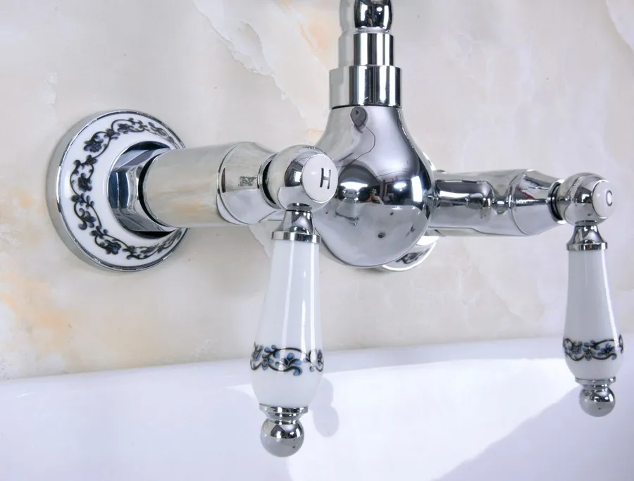 Polished Chrome Brass Wall Mounted Double Ceramic Handles Levers Bathroom Kitchen Sink Faucet Mixer Tap Swivel Spout anf962