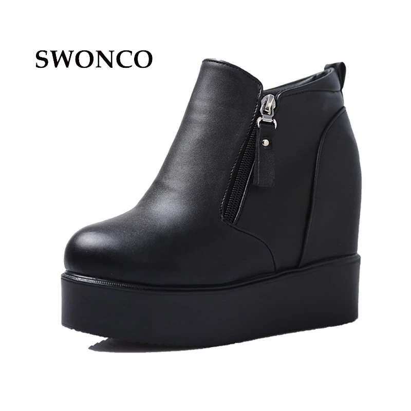 

SWONCO Platform Sneakers Women Velvet Fur Warm Shoes Female Winter 2019 Ankle Boots Female Wedge Black Snow Boots Women Casual