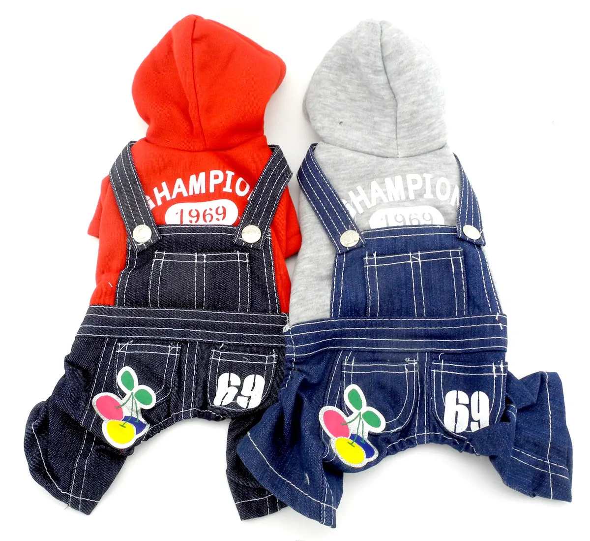 Dog Overalls Jumpsuit Hooded Fleece Dog Sweaters Coat Cherry Print Pet