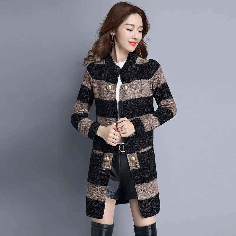 

Pull Full Standard Poncho Women Cardigans O-neck Female Sweaters Cardigan 2017 New Autumn Stripe Knitwear 1010-70