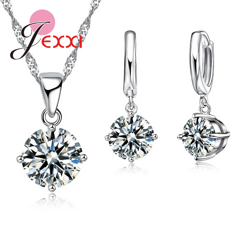 

PATICO Hot Sale 8 Color Women Wedding Jewelry Sets 925 Sterling Silver Good 4 Claw CZ Crystal Necklace Dangle Earrings Set
