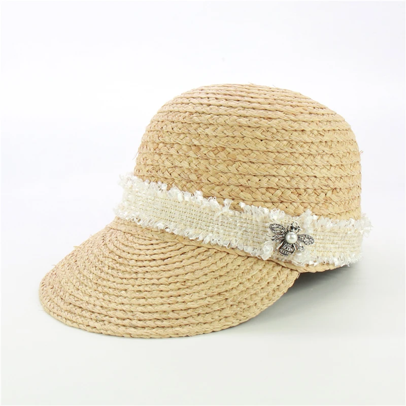 New Design Tweed Belt Raffia Baseball Caps Fashion Women Beach Hats With Bee Female Summer Straw Sun Visor Caps Wholesale