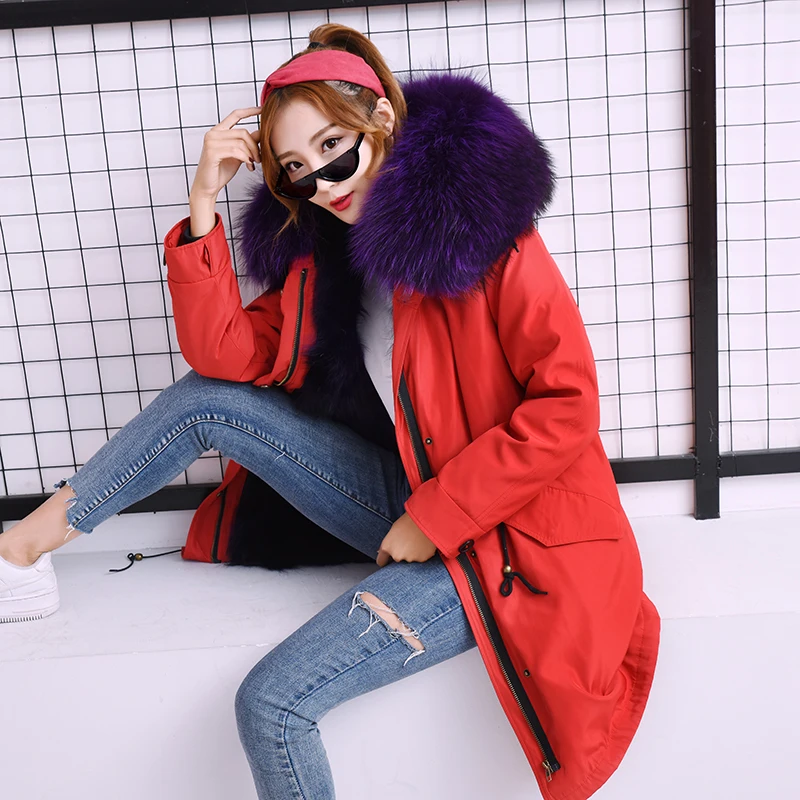 

Natural Raccoon Fur Collar Park Women Winter Thicken Fashion Slim Red Shell Jacket Coat Natural Fur Coat Long Warm Jacket Female
