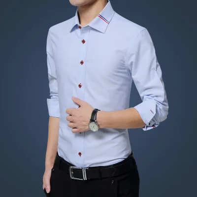 Разборчивая Повседневная официальная Мужская рубашка с длинным рукавом, деловая тонкая офисная рубашка, мужские хлопковые мужские рубашки, белые 4XL 5XL - Цвет: 5625 light blue