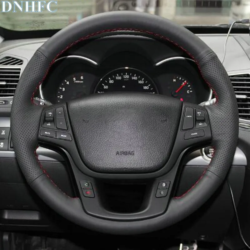 DNHFC Black Leather Hand stitched Car Steering Wheel Cover For Kia