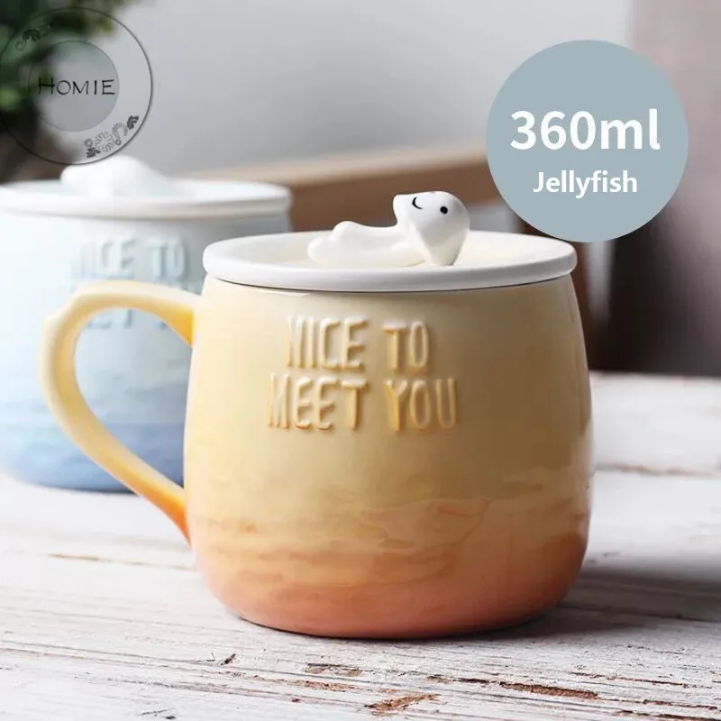 HOMIE lovely Gradient animal Cup Coffee Mug Large 300ml Whale With lid Mugs creative Drinkware Tea milk Cup Novelty Newlywed couple0