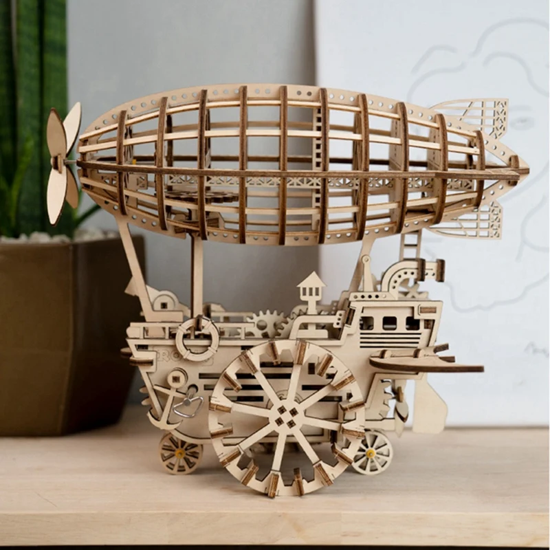 

3D Wooden Diy Moveable Airship Gear Drive By Clockwork Model Building Kits Toys Hobbies Gift for Children Adult