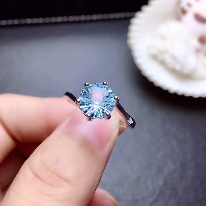 

Fashion simple Elegant round Natural blue topaz gem ring S925 silver natural gemstone ring girl women party gift fine jewelry