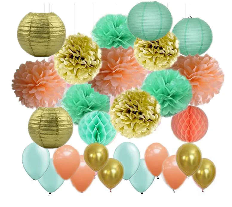 

45Pcs Party Decor Mint Green Peach Gold Paper Lanterns Paper Honeycomb Balls Tissue Paper Pom Poms for Wedding Baby Shower Decor