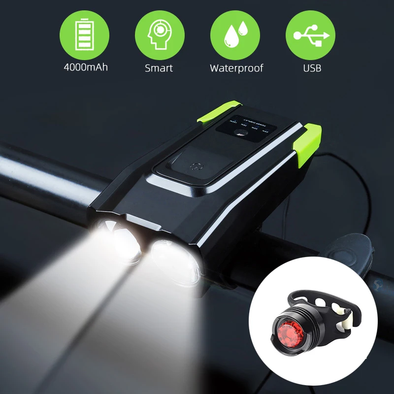 4000 мАч Смарт индукция велосипедный передний свет набор USB Перезаряжаемый 800 люмен светодиодный головной свет с роговым велосипедным фонариком