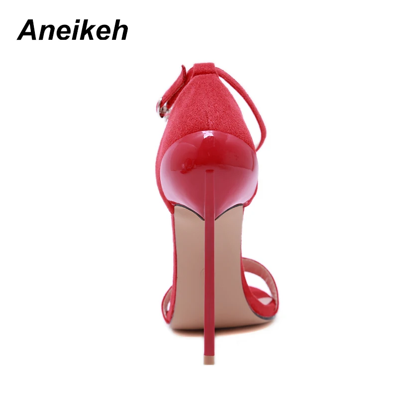 Aneikeh/женские босоножки из флока на каблуке Туфли-лодочки с ремешком на щиколотке в римском стиле на шпильке с открытым носком модельные туфли из органической кожи на очень высоком каблуке размеры 41, 42