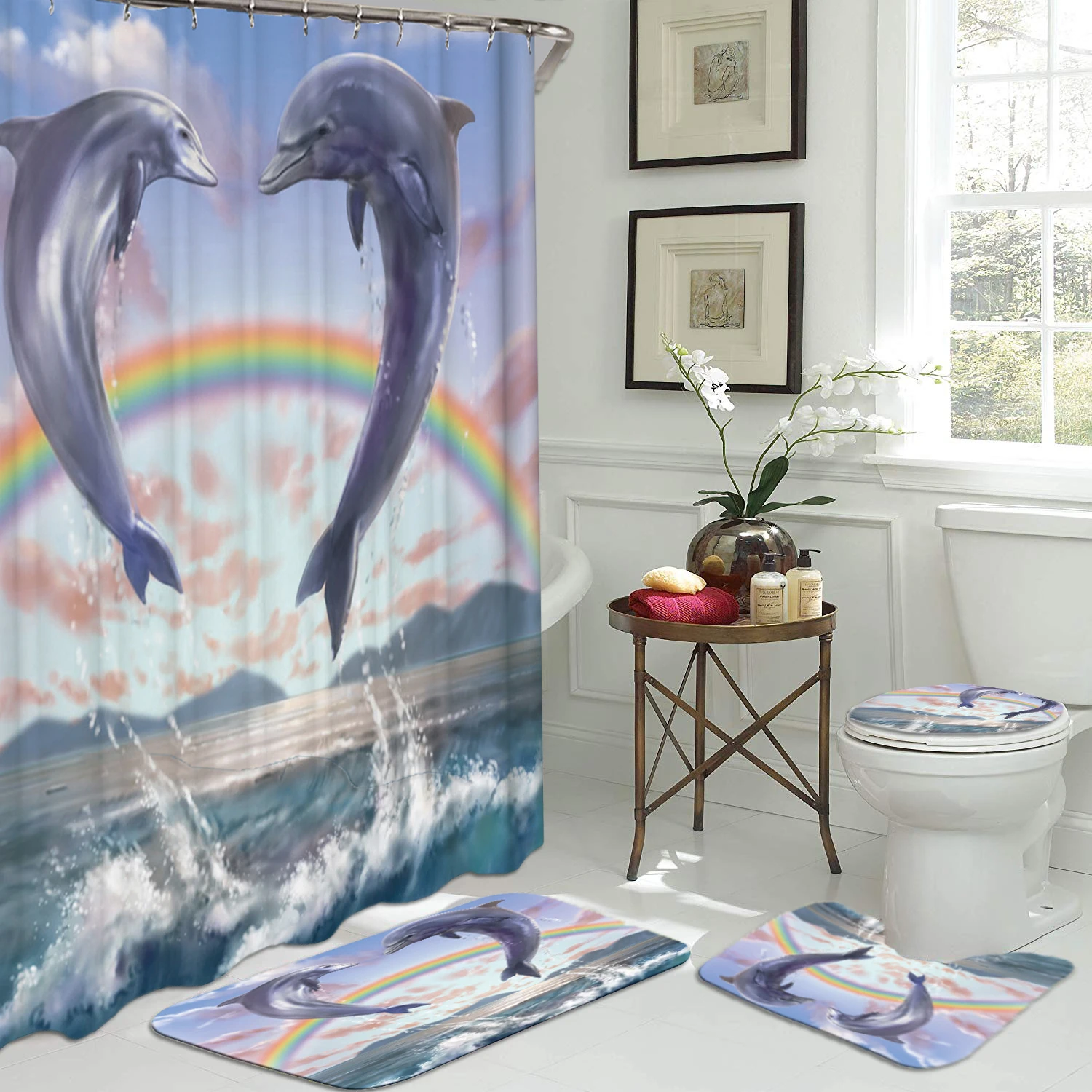 

4 pcs Love Shape Dolphin Waterproof Bathroom Shower Curtain Toilet Lid Cover Bath Mat Non-Slip Rug Set with 12 Hooks Home Decor