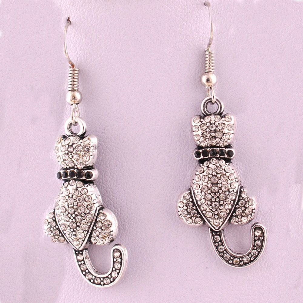 

Women Earrings Fashion Jewelry Cute Design Cat Shape With Sparklling Crystals Antique Silver Zinc Material Provide Dropshipping