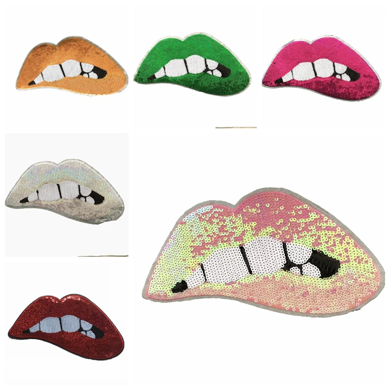 

2019 New Magic Color Lips Sequined Sew on Patches for Clothes Green/Red/Pink/Silver/Gold Mouth Sequins Patch Sewing DIY