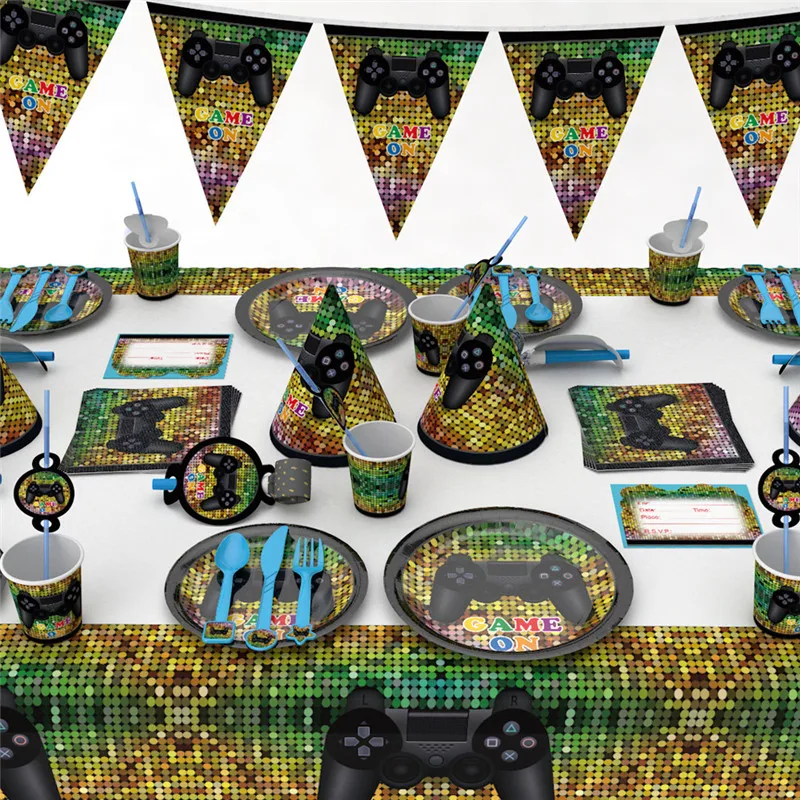 

Games Themes Baby Shower Disposable Tableware Tray + Napkin + Bunting Party Decoration Boy Birthday Party Decoration
