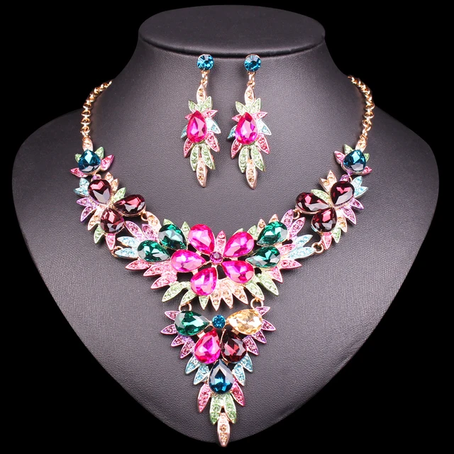 Buy Fashion Pink Crystal Gold Color Necklace Earrings