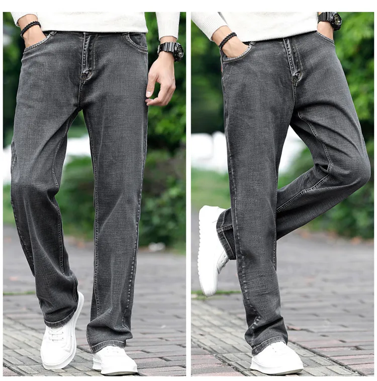Летние новые мужские серые повседневные джинсы плюс размер 40 42 44 модные Стрейчевые тонкие джинсовые брюки мужские эластичные хлопковые джинсы для мужчин