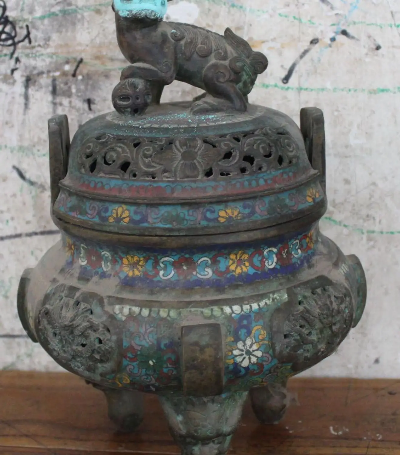 

13" Marked Tibet Old Cloisonne Enamel Dragon Lion Incense Burner Censer Statue