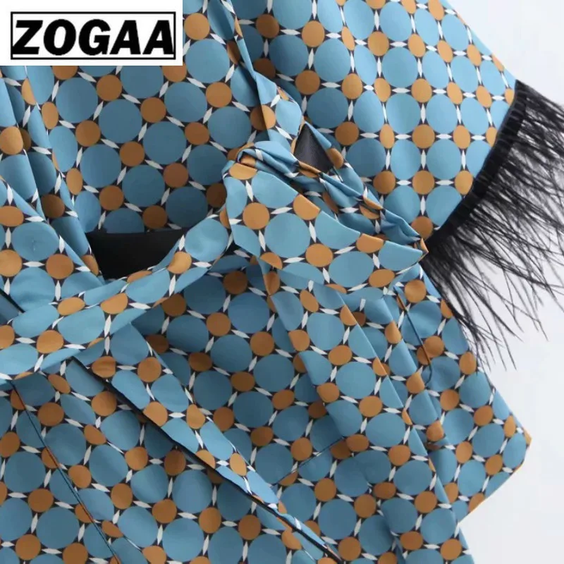 Женское льняное длинное пальто ZOGGA свободное в горошек с расклешенным рукавом и