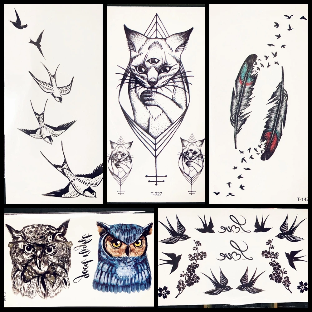 

3D Black Cat Temporary Tattoo Bracelet Under Breast Sternum Side Waterproof Fake Birds Feather Tattoo Sticker Women Kids