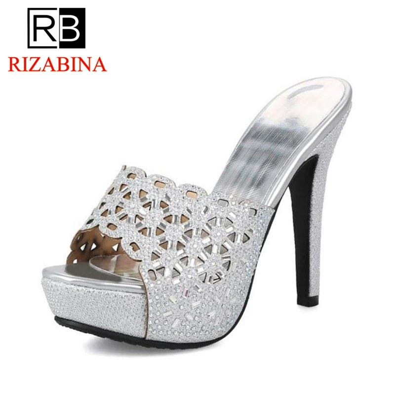 

RizaBina Size 33-43 Women High Heel Sandals Peep Toe Crystal Bling Hollow Thin Heel Slippers Summer Party Shoes Women Footwear