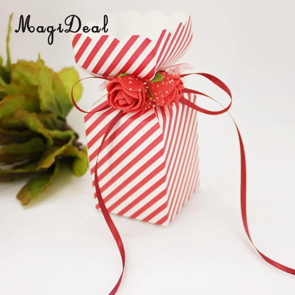 MagiDeal 50pcs Rose Flowers Ribbon Candy Gift Boxes Wedding Party Favor Decor Red