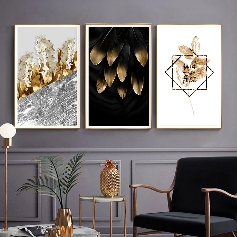 Nordic Золотой растения цветы лист холст картина, печатный плакат уникальный декор настенные картины для Гостиная Спальня проход