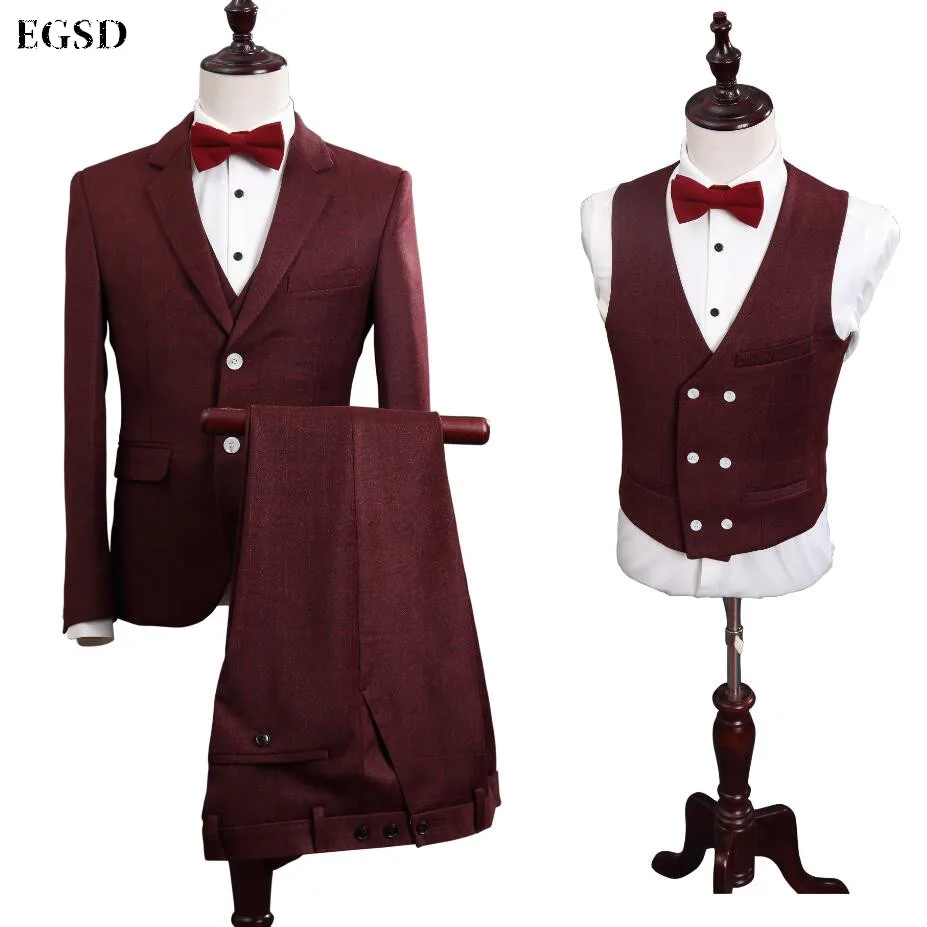 Custom Brand Fashion Wine Red Men Suits Plaid Style Slim Fit Male Suits