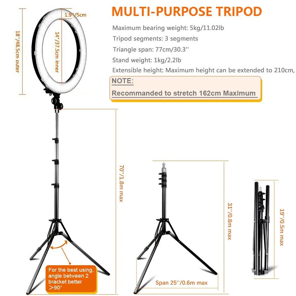  capsaver 18 inch LED Ring Light Camera Photo Studio Phone Video Lamp with Stand Makeup Mirror Porta