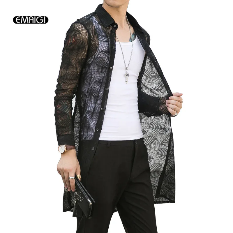 

Men Hollow Mesh Lace Long Sleeve Casual Shirts Male Fashion Long Translucent Cardigan Party Dress Shirt Black White