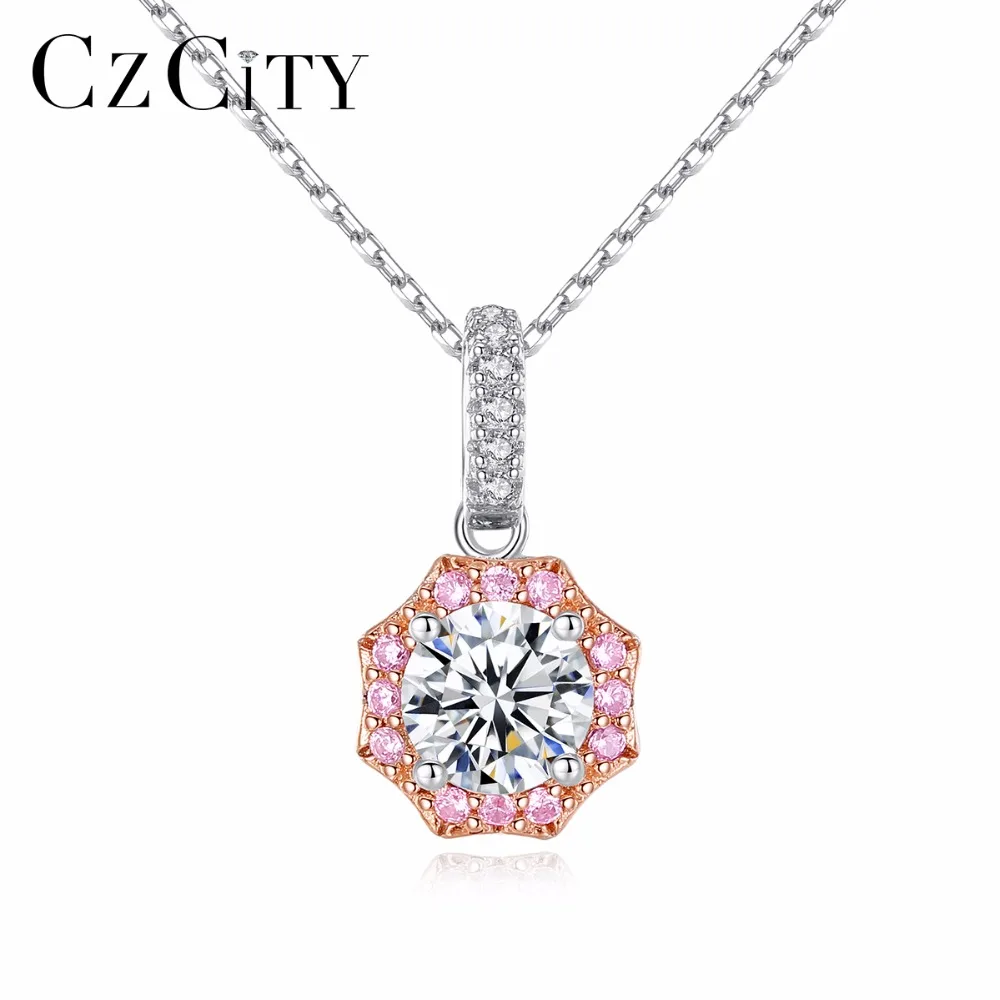 

CZCITY Flower-Shaped 925 Sterling Silver Initial Necklaces for Women Girl Party Fine Jewelry Pink Zirconia Christmas Gift