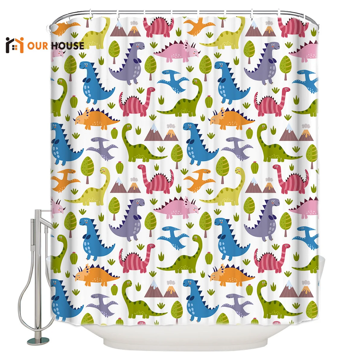 OURHouse Lovely Dinosaur Patterns Shower Curtain 84 Inch Liner Bathroom Sets Childrens Unique Girls Rings Cloth Hooks Cool Cu | Дом и сад