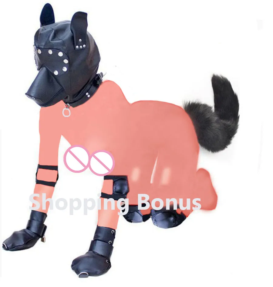 Deluxe Puppy Play Essentials Kit Leather Head Mask Hood&ampSoft Paded Fist Mitts Paws&ampFox Tail Anal Butt Plug Cosplay Sex Toys |