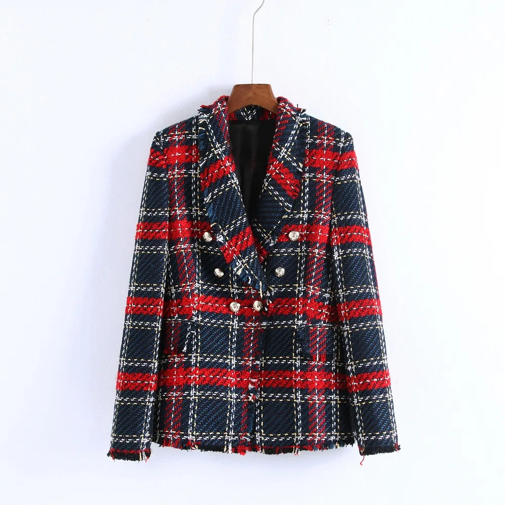 

British style women's new retro gold double-breasted edging check suit collar twill weave soft fashion plaid blazer AL190315