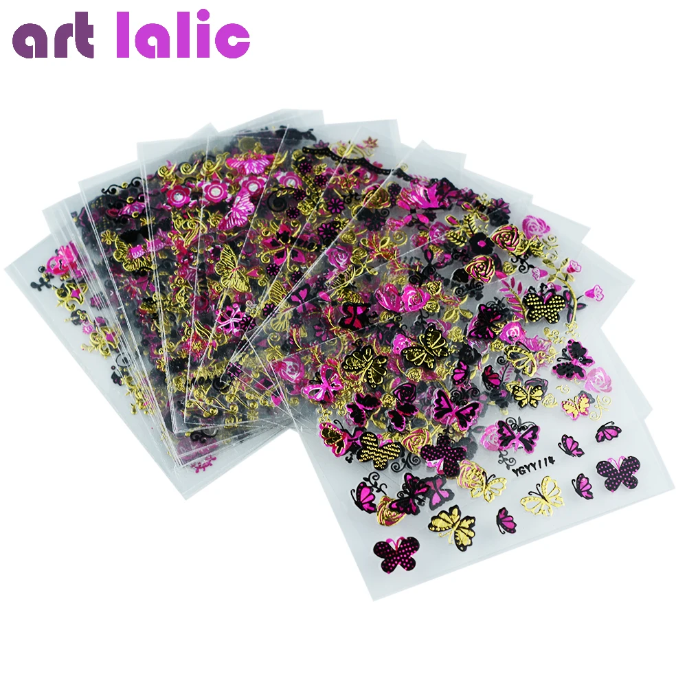 Artlalic 24 шт/лист золотая фольга цветы Бабочка узор тиснение 3D наклейки Подвески бронзовые Переводные картинки для ногтей