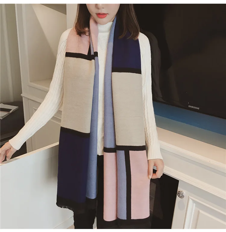 Chanycore Colorblock bow Fashion Winter scarf cashmere pashmina women scarfs Colorblock double-sided warm thick shawl for ladies