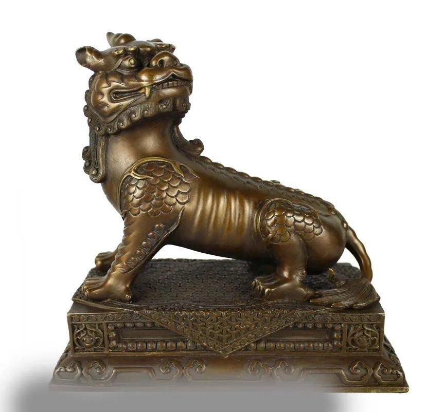 

China Feng Shui bronze Copper wealth Evil Foo Dog Lion Kirin Brave troops Statue