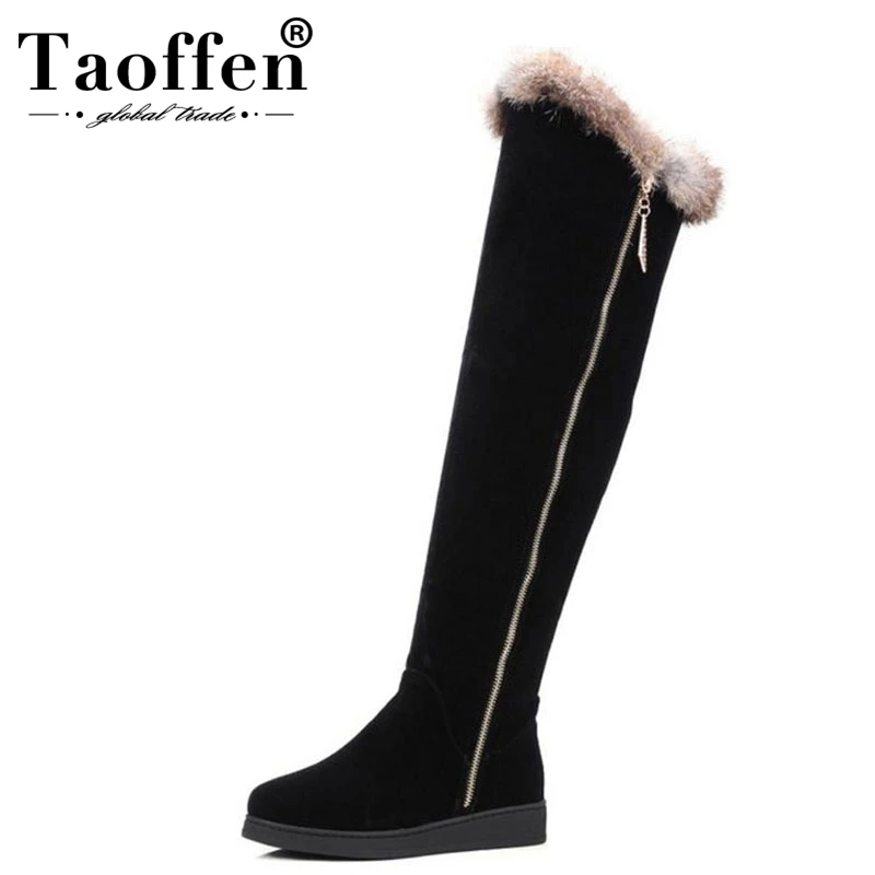 

TAOFFEN Women Round Toe Flat Over Knee Boots Woman Suede Leather Long Boots Mujer LadY Warm Fur Winter Shoes Footwear Size 34-43