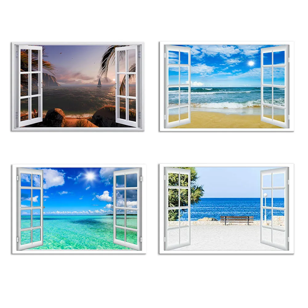 

Window Frame Style Seascape Canvas Print Wall Art Modern Sea Wall Picture for Home Office Decoration Living Room Bedroom