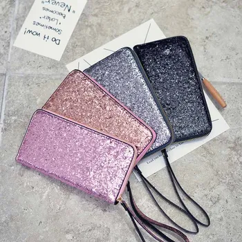 

Women Long Wallet Sparkly Sequins PU Leather Bag Hand-held Phone Card Holder Best Sale-WT