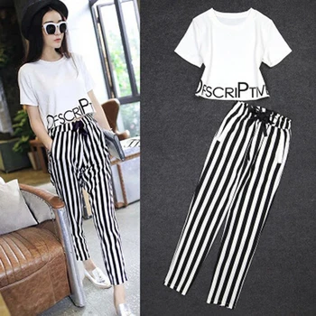 

Youth Short Sleeve Suit Women's Student Loose Two-piece T-shirt Top Casual Stripe Pants Short-sleeved T-shirt casual pants