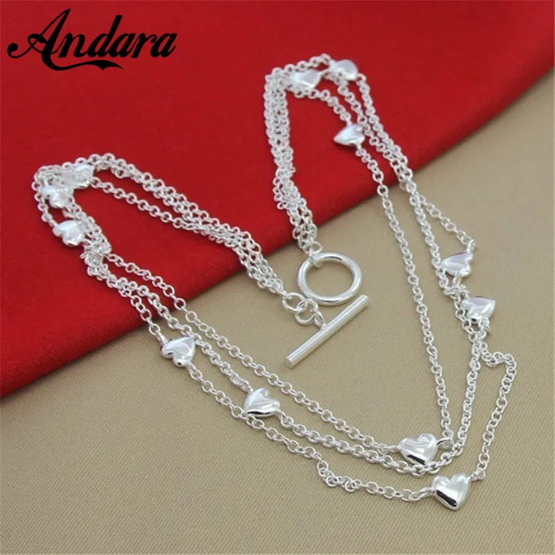 

Free Shipping Silver 925 Jewelry Three Line String Of Heart Love Necklace For Women Party Jewelry