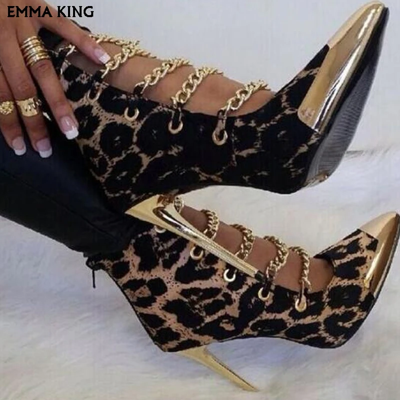 

Sexy Leopard Print Cut-outs Ankle Boots Women Lady Chains Embellished Metal Pointed Toe Shoes Woman High Heels Sandalias Mujer