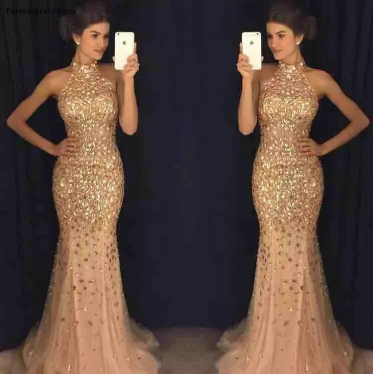 Luxury Majoring Beaded Gold Evening Dresses 2019 Sexy Halter Neck Mermaid Sparkle Long vestidos de fiesta Prom Party Gowns Pageant Arabic  195