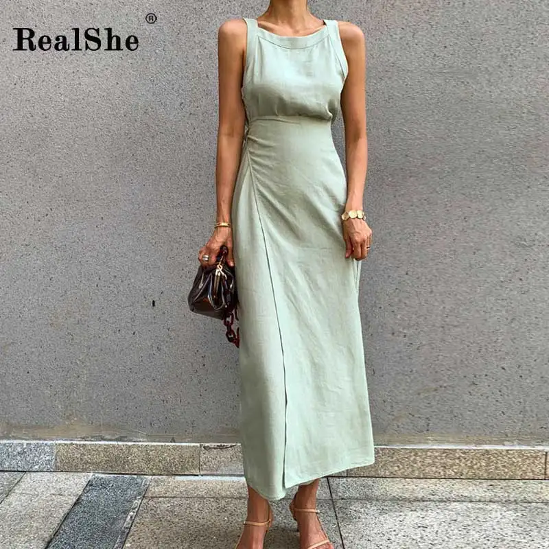

RealShe 2019 Ladies Summer Dresses Women O-Neck Sleeveless Solid Slim Dress Female Summer Elegant Vintage Long Dresses Vestidos