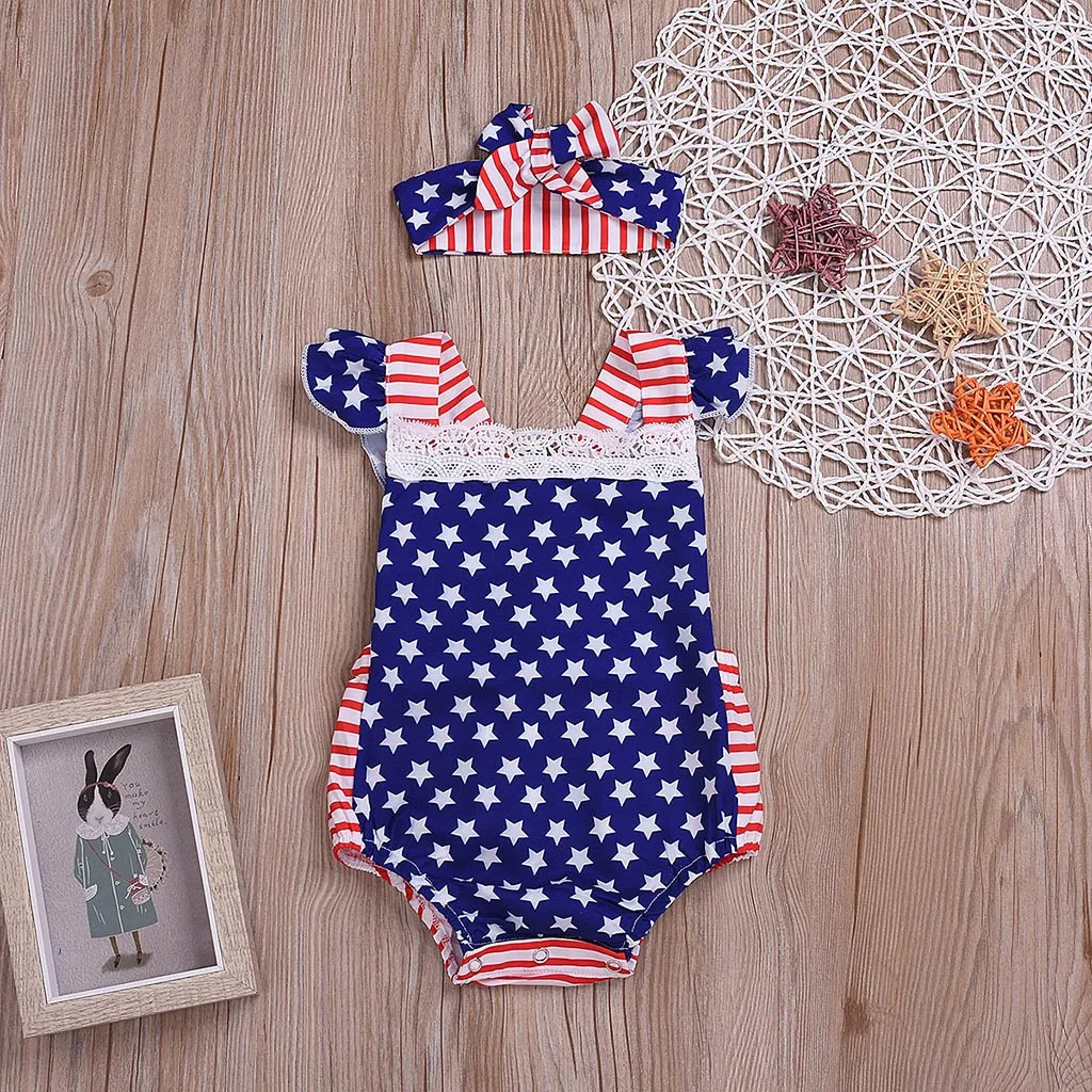 Одежда для новорожденных маленьких девочек 4th июля звезды полосатый Отечественной спинки Комбинезоны для детей pajacyki# T5/9