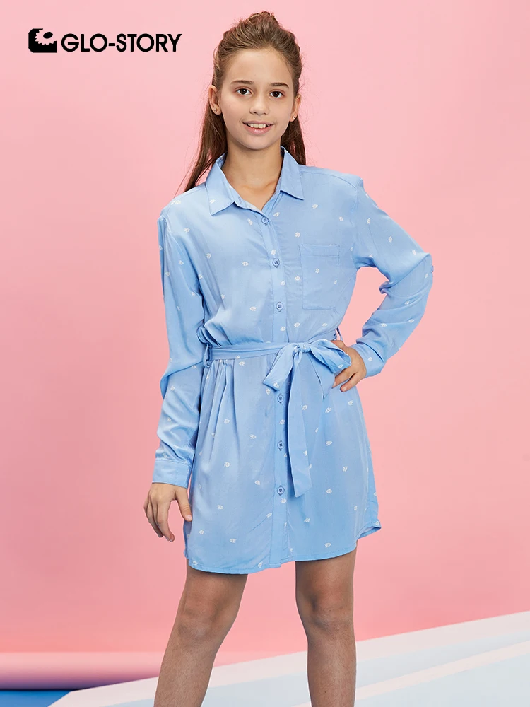 

GLO-STORY Children Girls 2019 New Long Sleeve Shirt Dress Kids Girl Floral Print with Sashes Blouse Tops GCS-8031