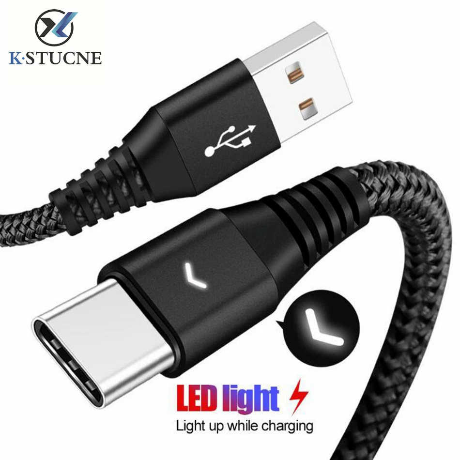 

New Braided Nylon LED Quick Charge USB C Type C Cable for Huawei P20 Lite Pro 2A Fast Charge Cable for samsung galaxy s9 s8 plus