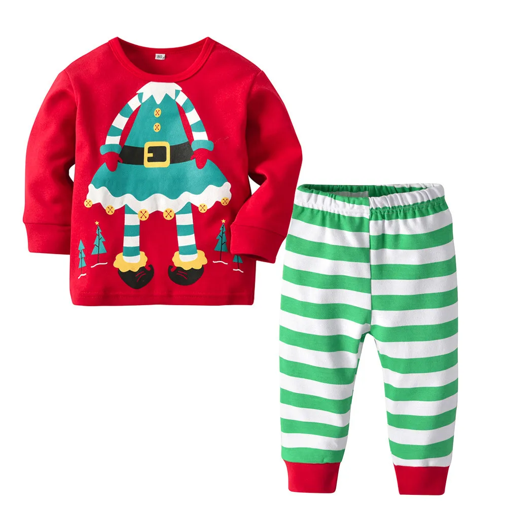 Рождественская одежда комплект одежды для маленьких девочек и мальчиков, топы штаны в полоску с длинными рукавами и рисунком из мультфильма комплекты детской одежды из 2 предметов - Цвет: B
