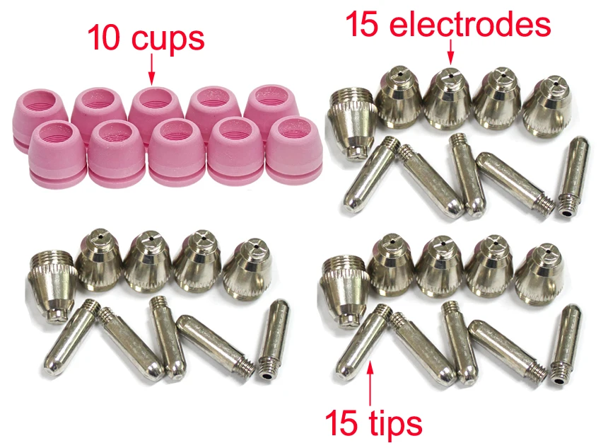 CUT50DP pilot arc torch parts AG60 torch consumable 15 electrodes, 15 tips, 10 cups